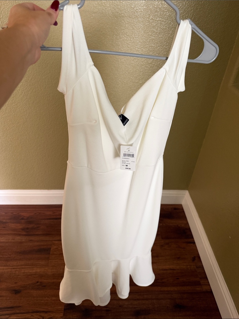 Windsor White V-Neck Ruffle-Hem Midi Dress